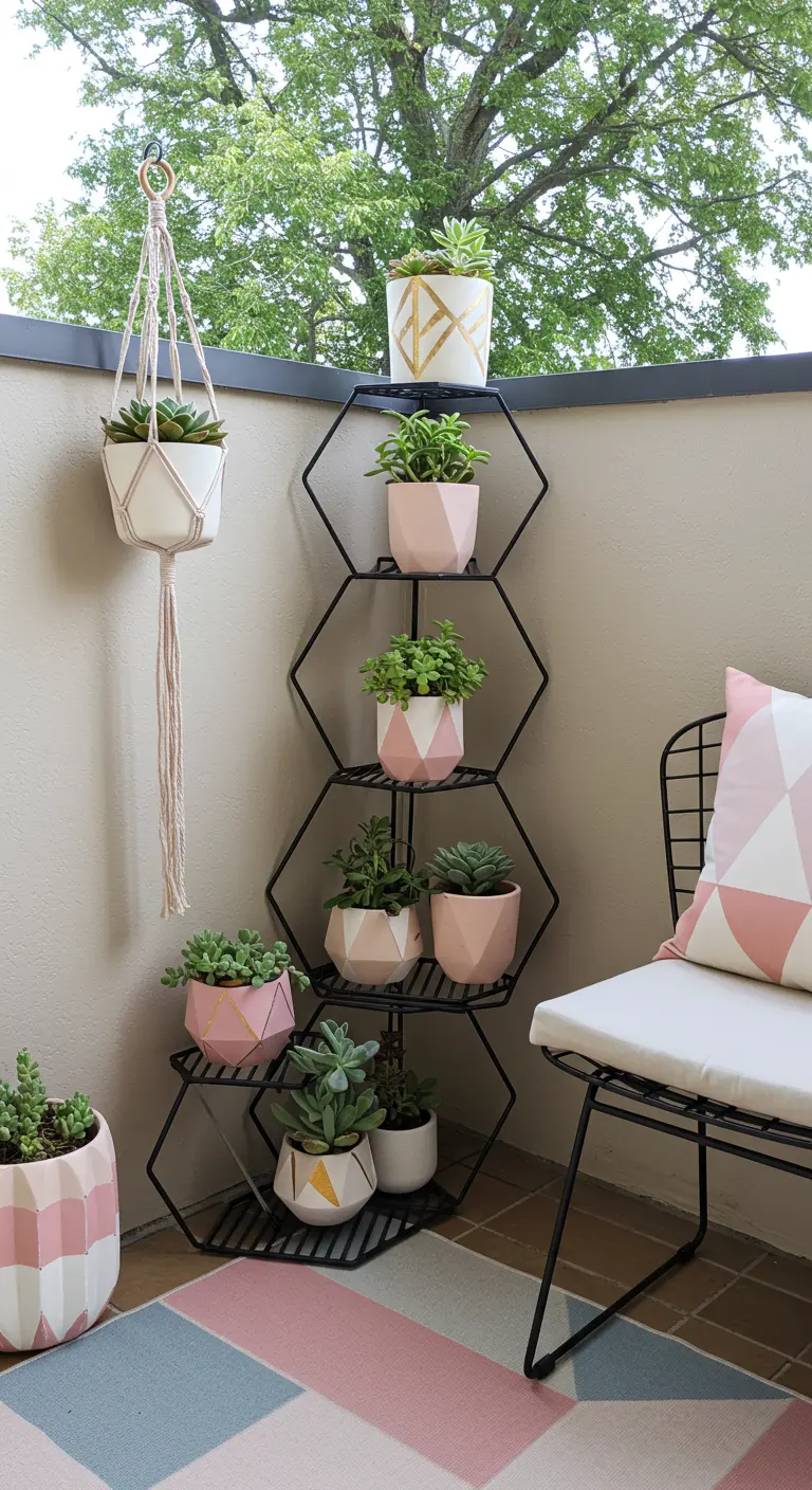 A hexagonal metal plant stand with geometric pots and a matching rug.