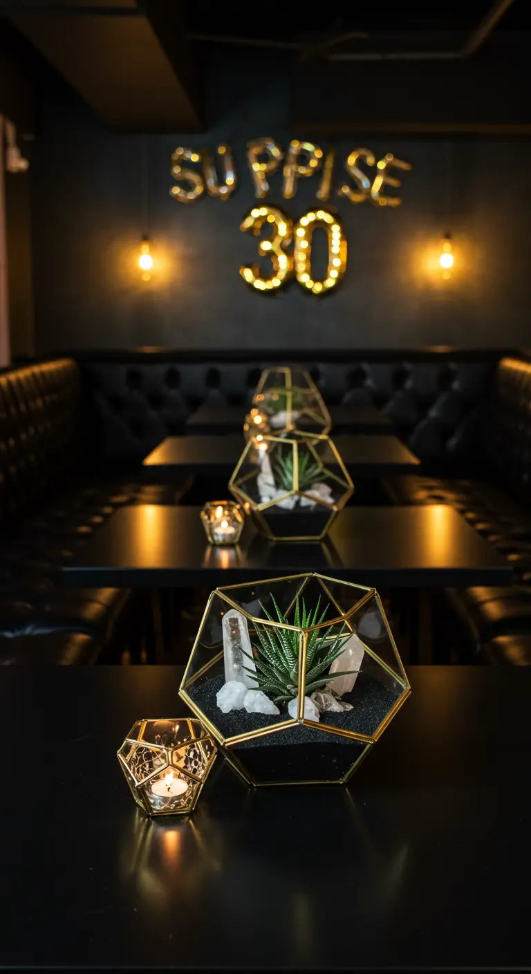 Gold geometric terrariums with succulents and crystals on a dark table for a 30th birthday.