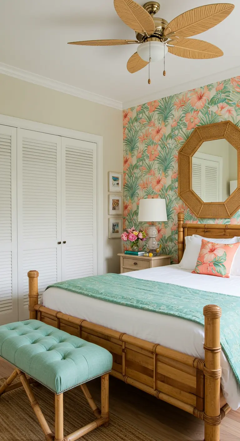 Tropical-themed bedroom with hibiscus wallpaper, a bamboo bed frame, and an octagonal mirror.