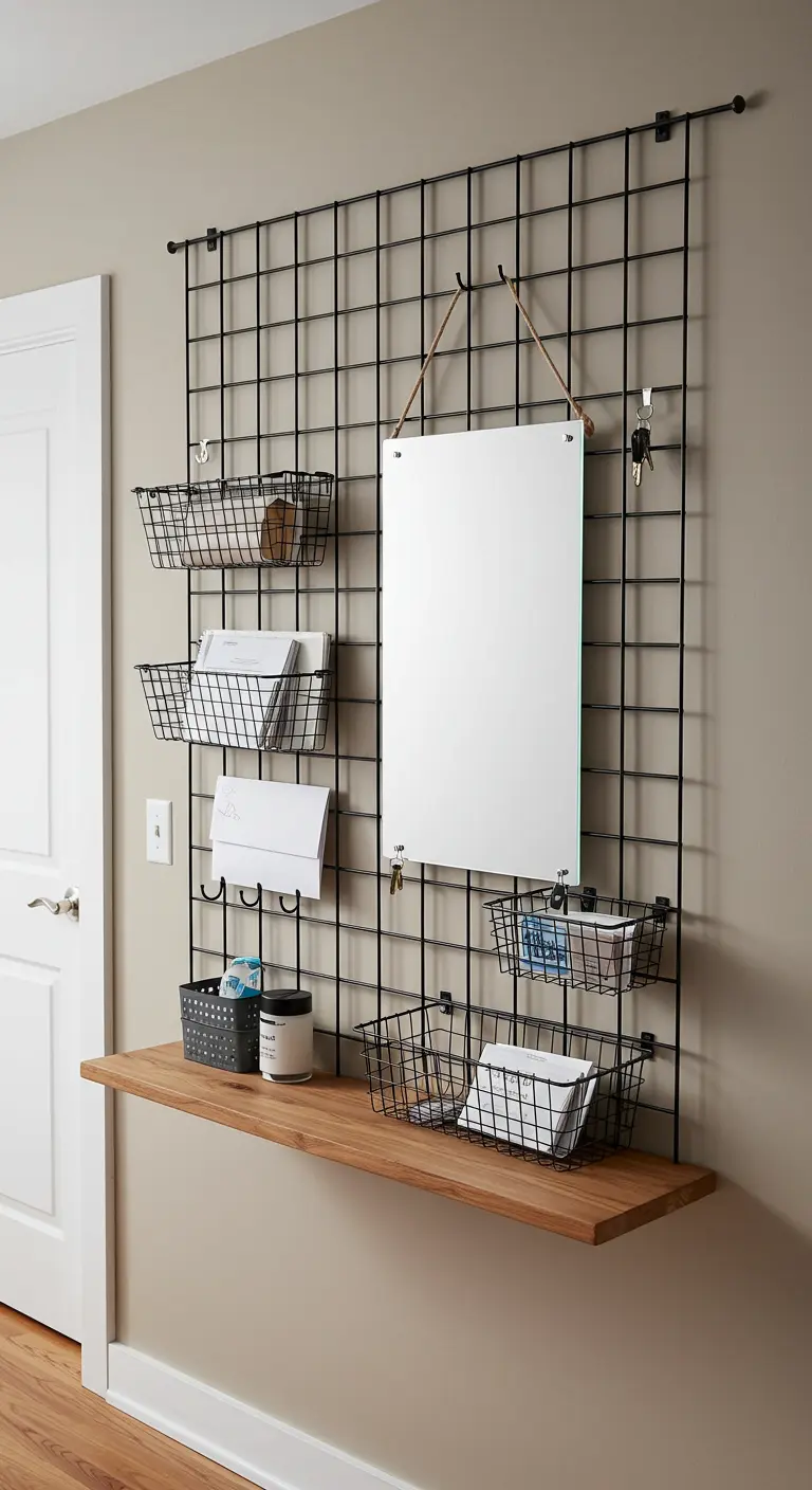 A black wire wall grid with hanging baskets, hooks, and a mirror for entryway organization.