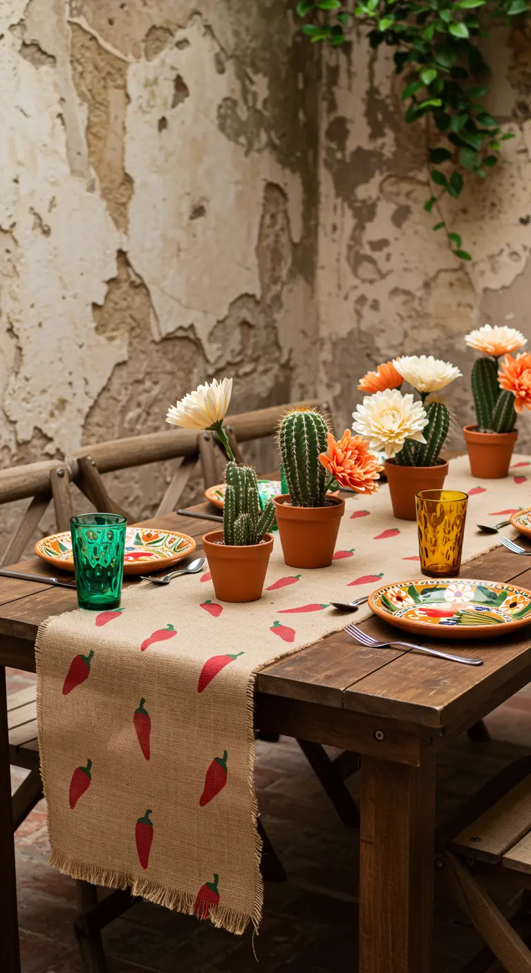 A rustic wooden table with a burlap runner printed with red chili peppers and potted cacti centerpieces.