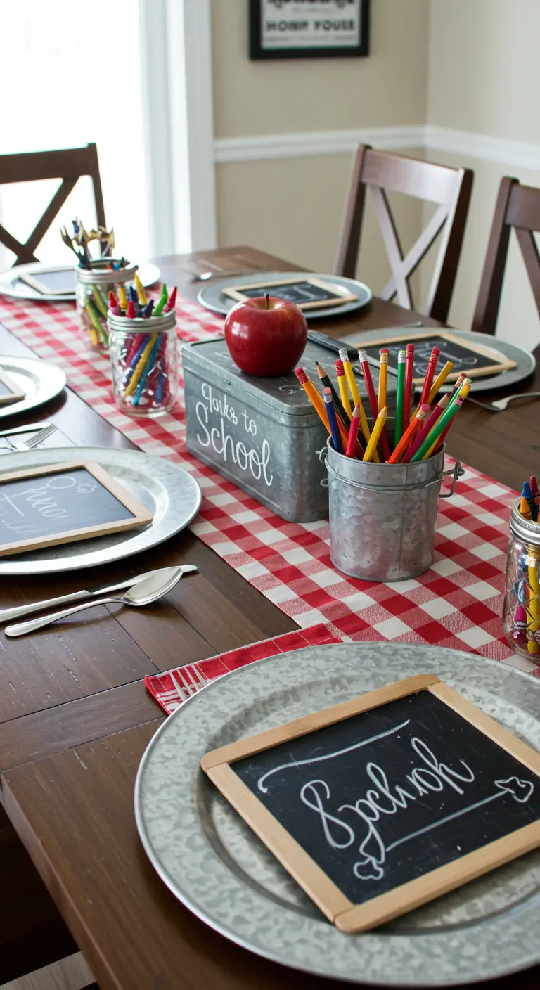 Back-to-school themed table with chalkboard place cards and pencils in galvanized buckets.