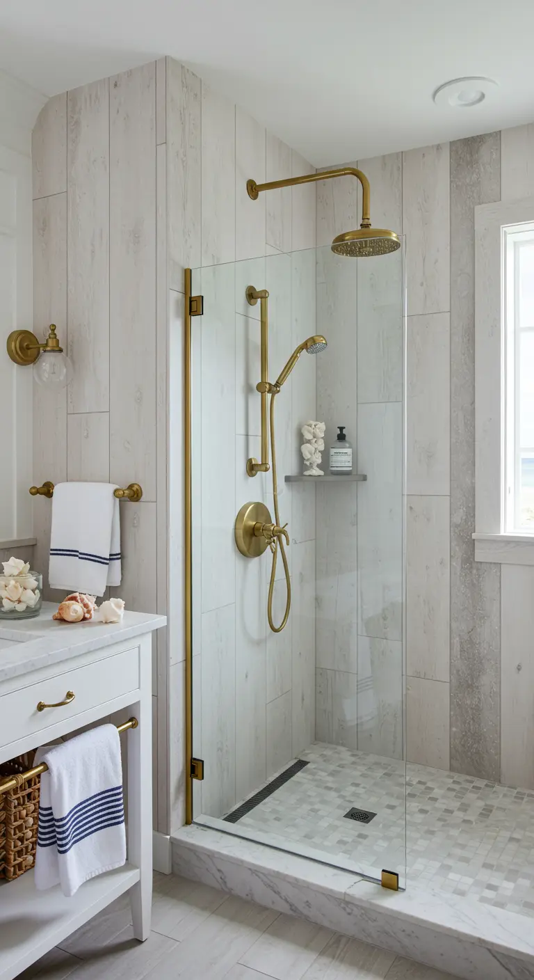 Coastal bathroom with whitewashed wood-look tile walls and brass fixtures.