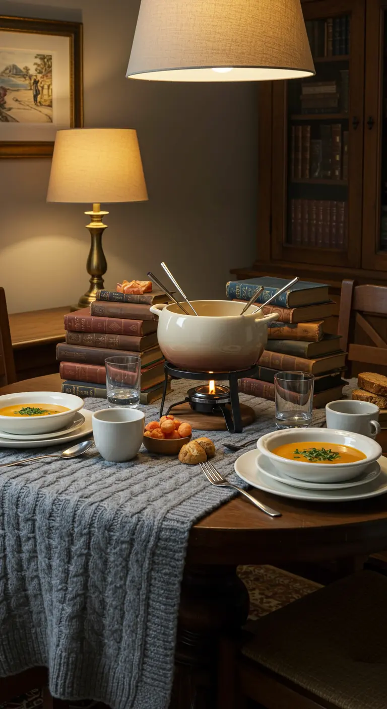 Cozy fondue set on a table with a grey knit runner and stacks of vintage books.
