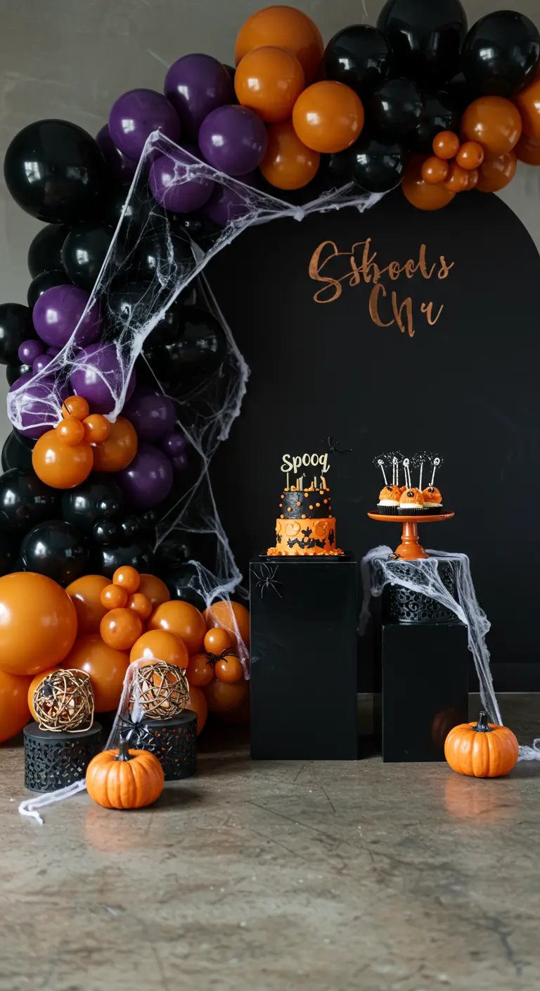 A Halloween balloon arch in black, orange, and purple, draped with spiderwebs.