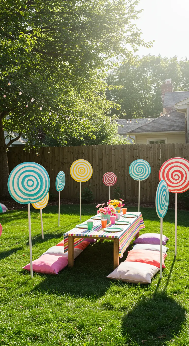 Giant DIY lollipops staked in a green lawn for a kids' party.