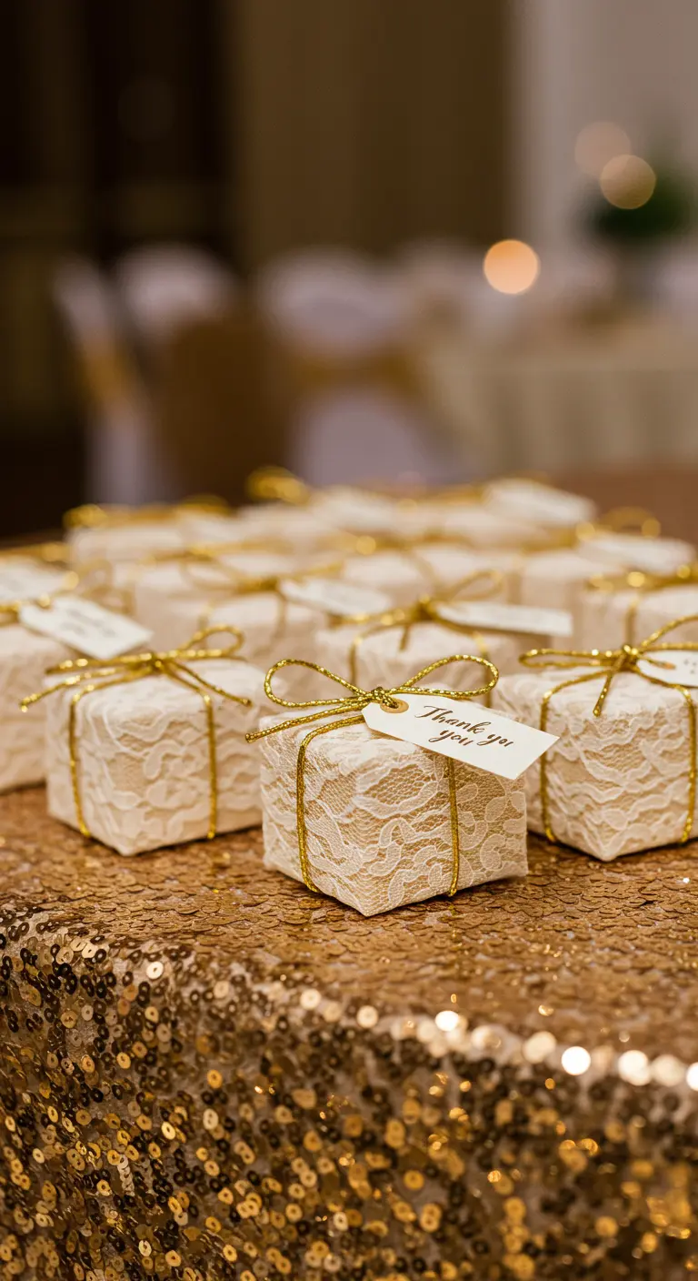 Small party favor boxes wrapped in lace and tied with gold string on a sequin tablecloth.