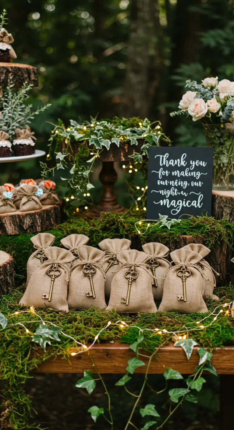 Burlap party favor bags with vintage keys, displayed on a mossy table with a thank you sign.