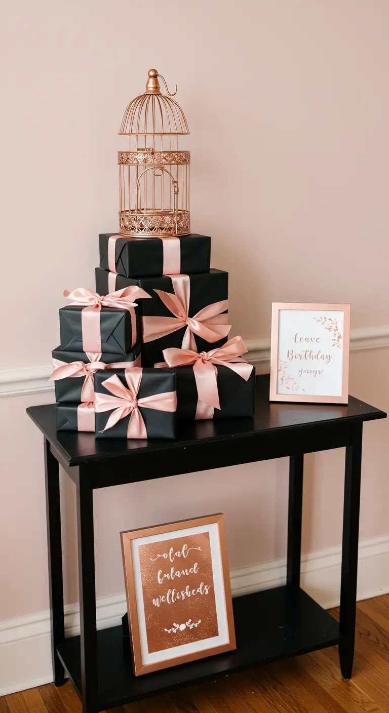 A stack of black-wrapped gifts with blush ribbons, topped with a rose gold birdcage.