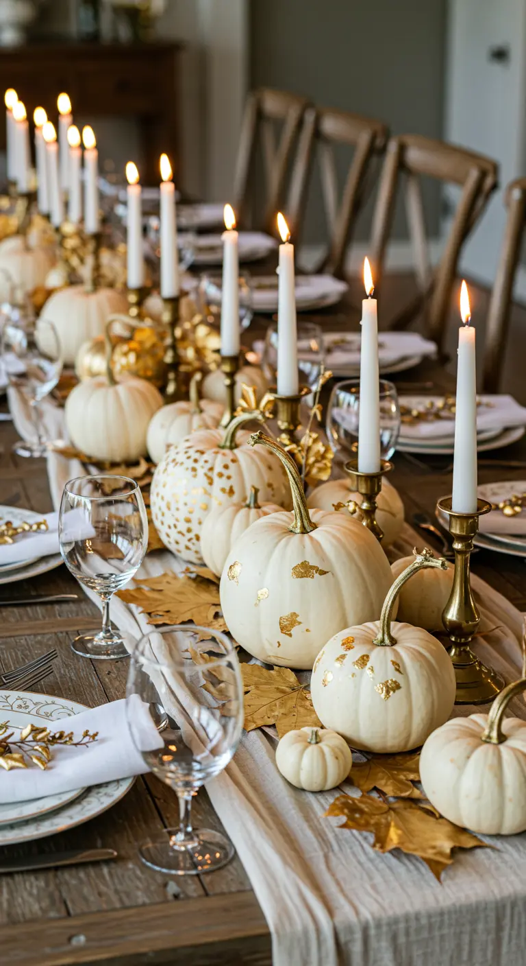 A rustic dining table set with white pumpkins decorated with gold leaf flakes and tall white candles.
