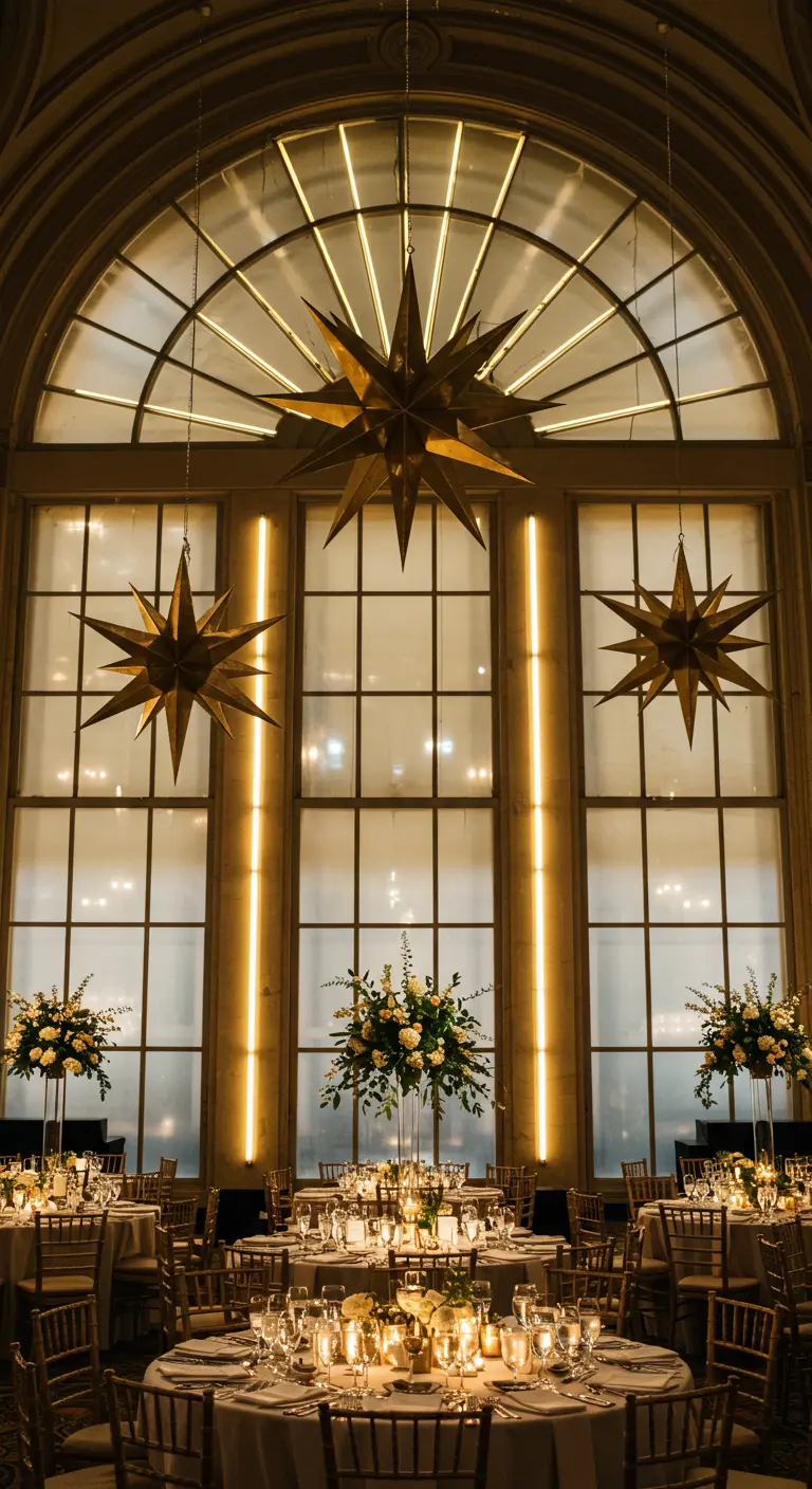 An elegant event space with large gold stars hanging from the ceiling in front of a massive arched window.