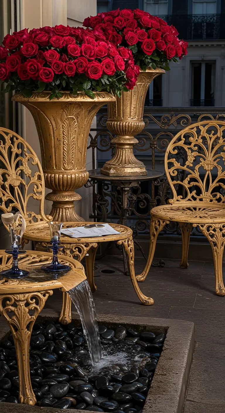 Ornate gold bistro set on a balcony with large urns of red roses and a small water feature.
