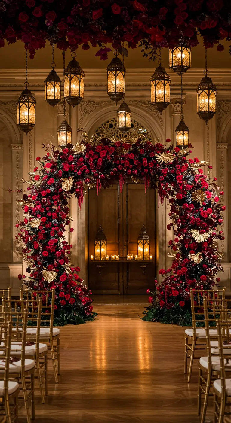 Opulent wedding arch with red roses and hanging gold lanterns in a grand ballroom.