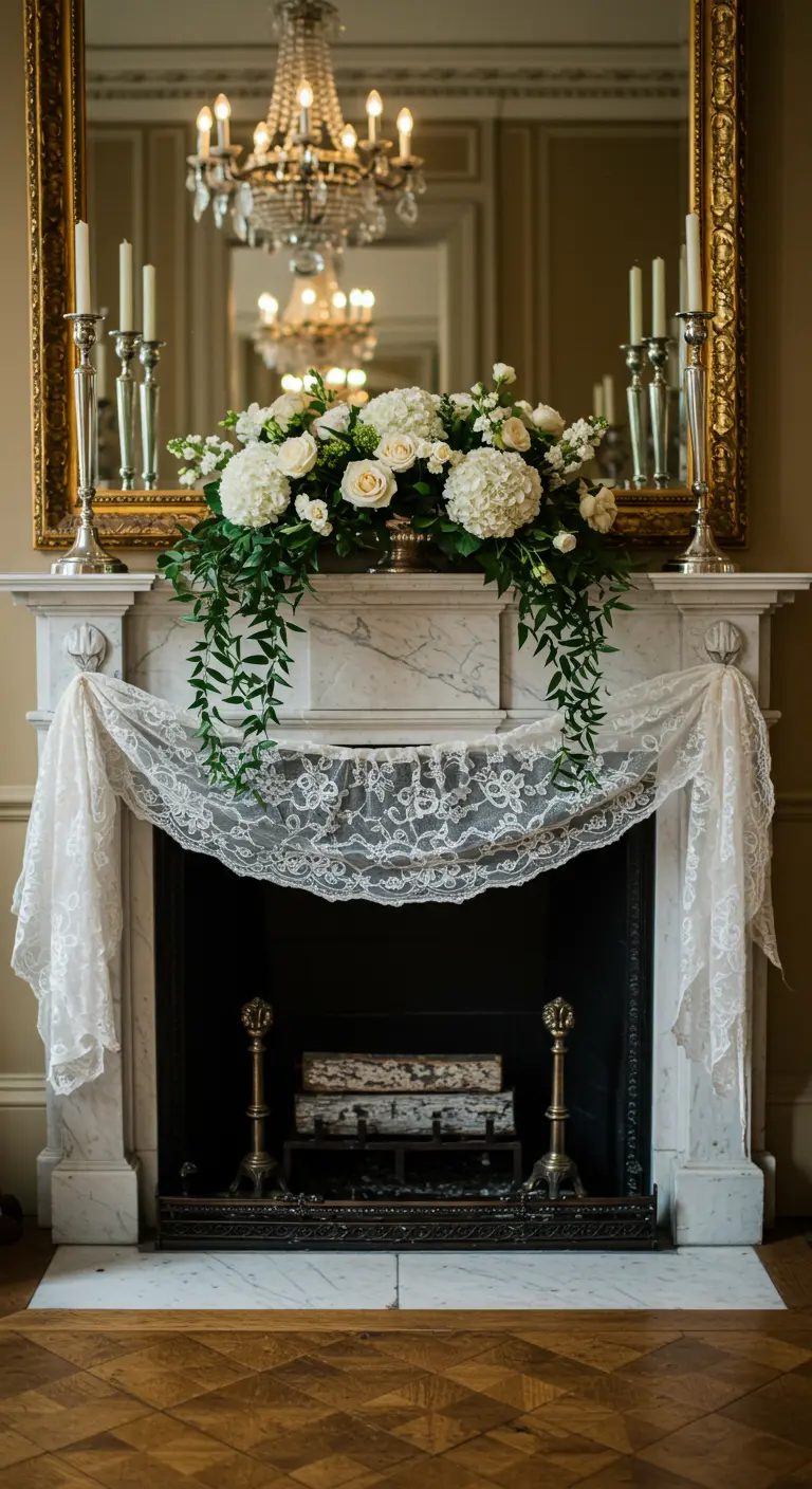 An ornate marble mantel with white flowers, a gold mirror, and a lace swag.