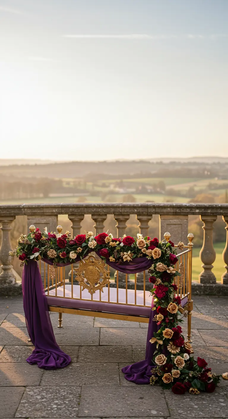 An ornate gold daybed on a stone terrace, draped in purple fabric and a lavish red rose garland.