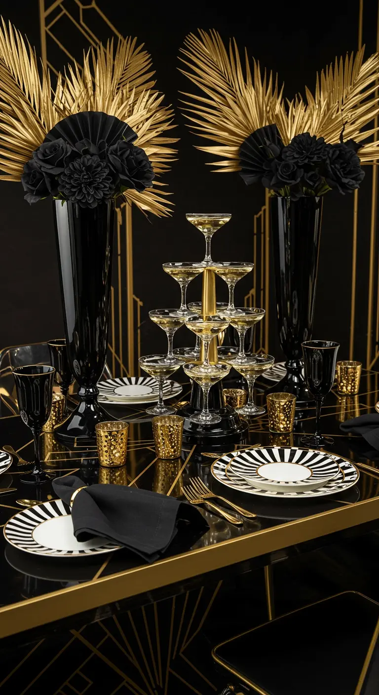 Art Deco-themed table with a champagne tower, gold accents, and black vases.