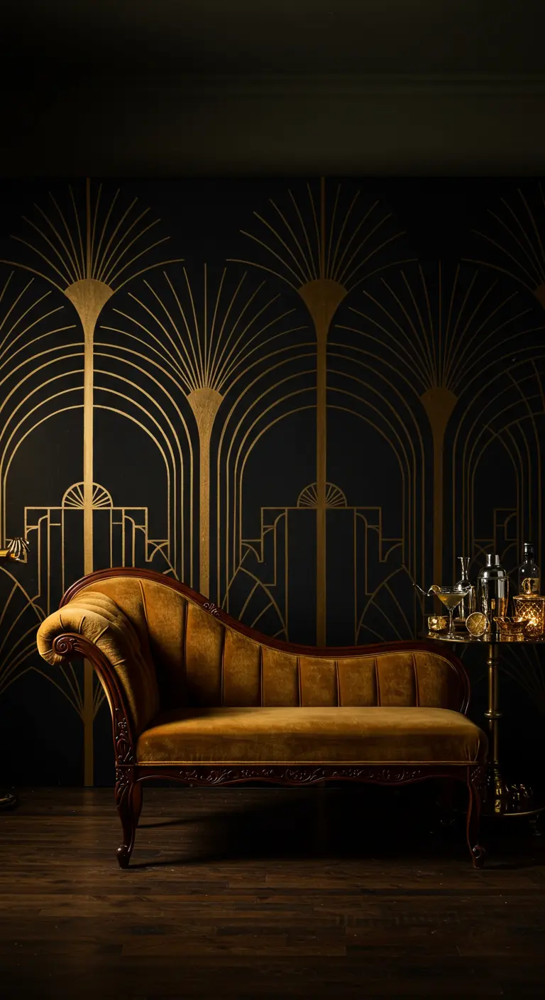 A black wall with intricate, hand-painted gold Art Deco patterns behind a velvet chaise.