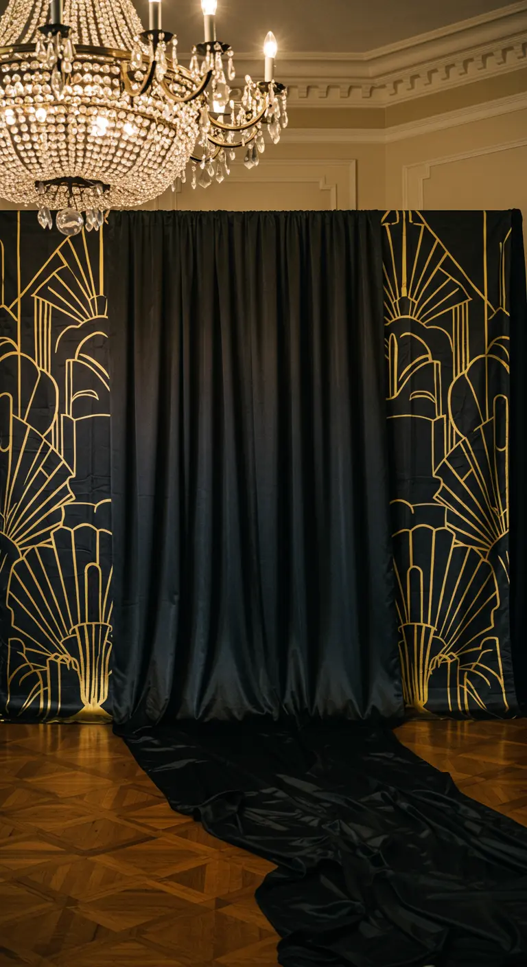 Black curtains with gold Art Deco patterns framing a photo booth area