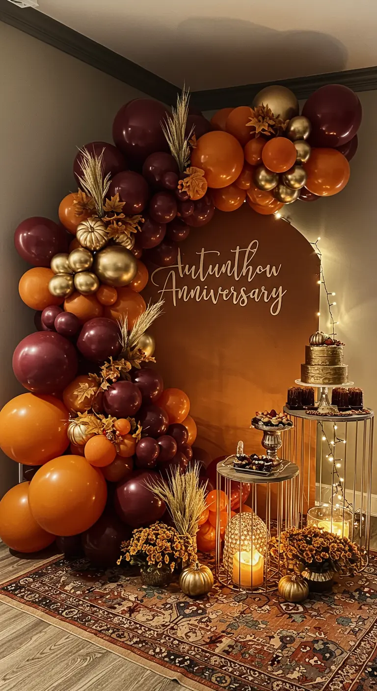 An autumn-themed balloon arch in burgundy, orange, and gold, with mini pumpkins.