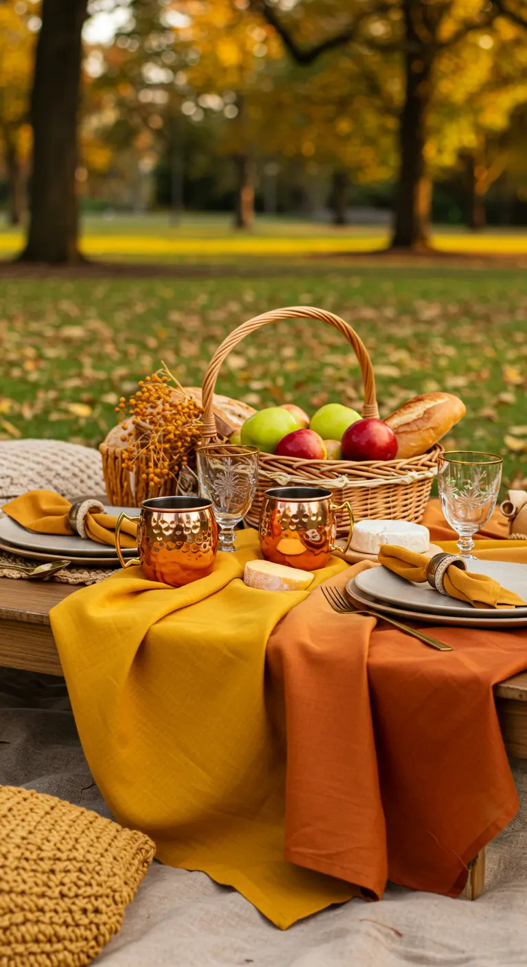 Autumn picnic scene with copper mugs, warm-toned linens, and a basket.