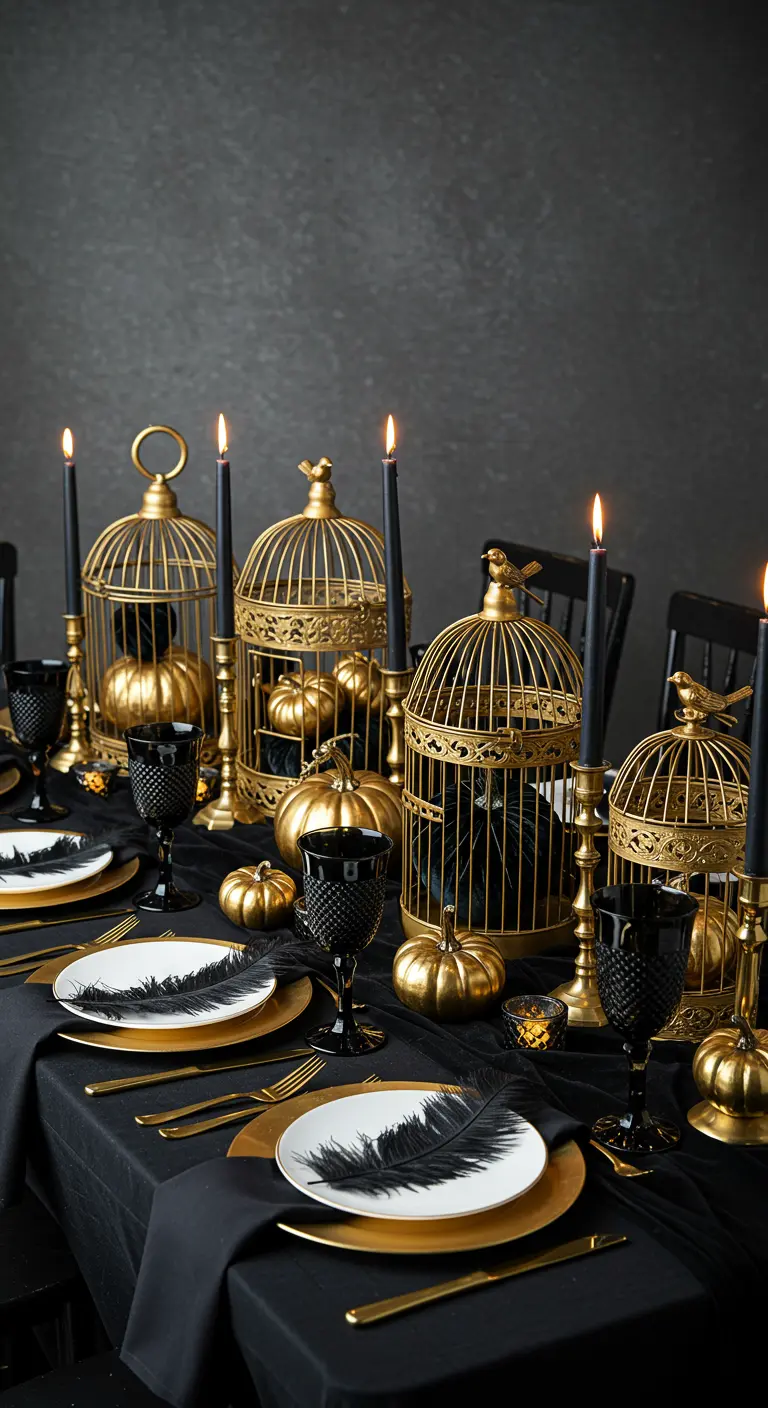A black and gold Halloween table with pumpkins inside gold birdcages and feathers on plates.