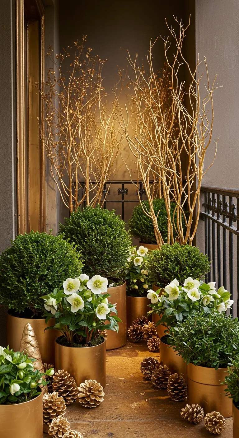 A balcony decorated with gold-painted branches, pinecones, boxwood balls, and white hellebores.