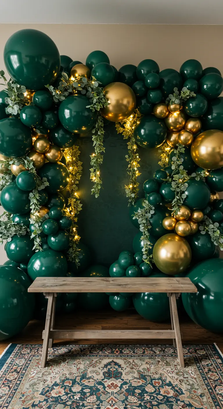 Dark green and gold balloon arch with fairy lights and a rustic bench.