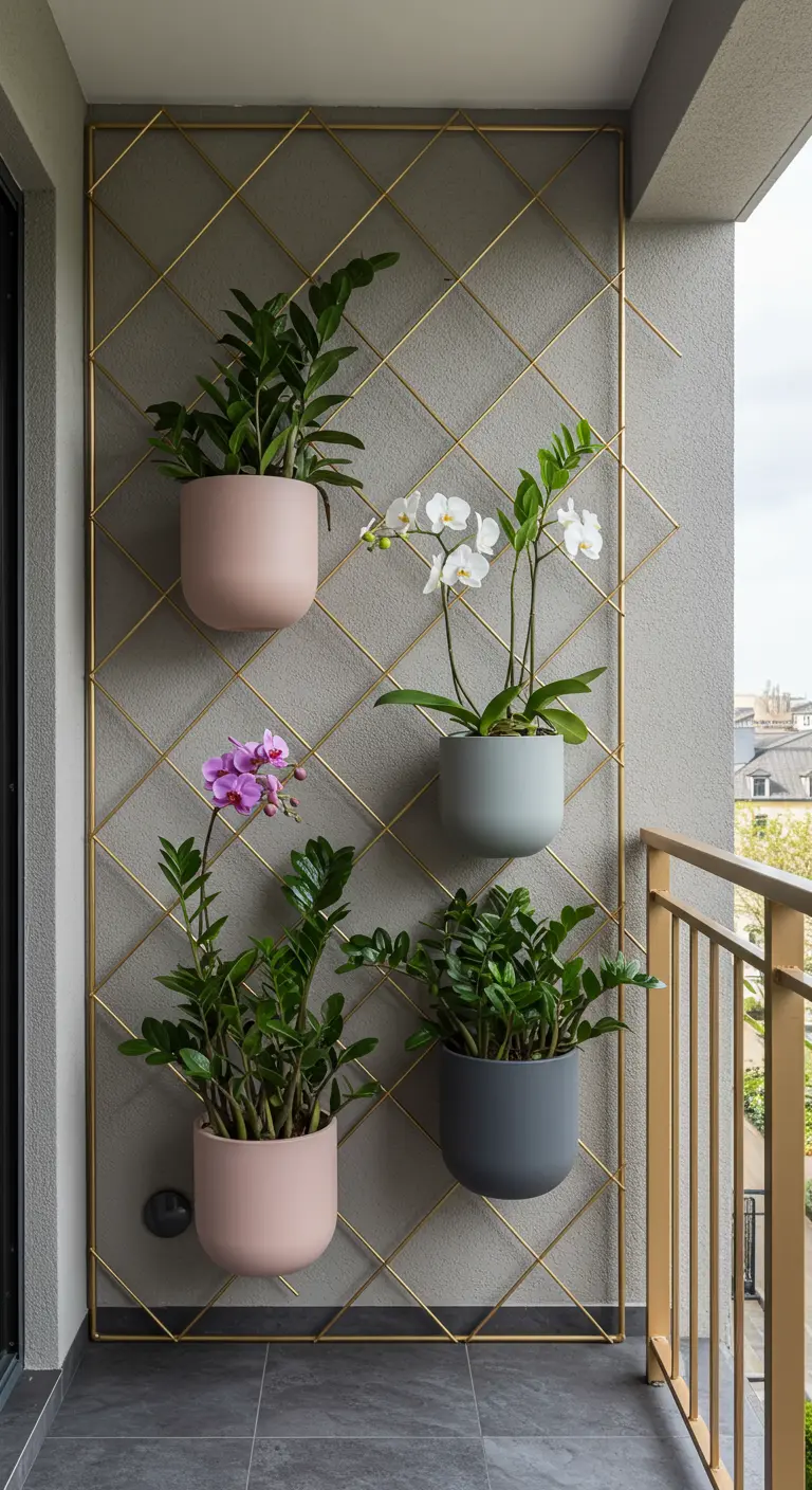 An elegant gold-colored geometric trellis with muted pastel pots holding orchids.