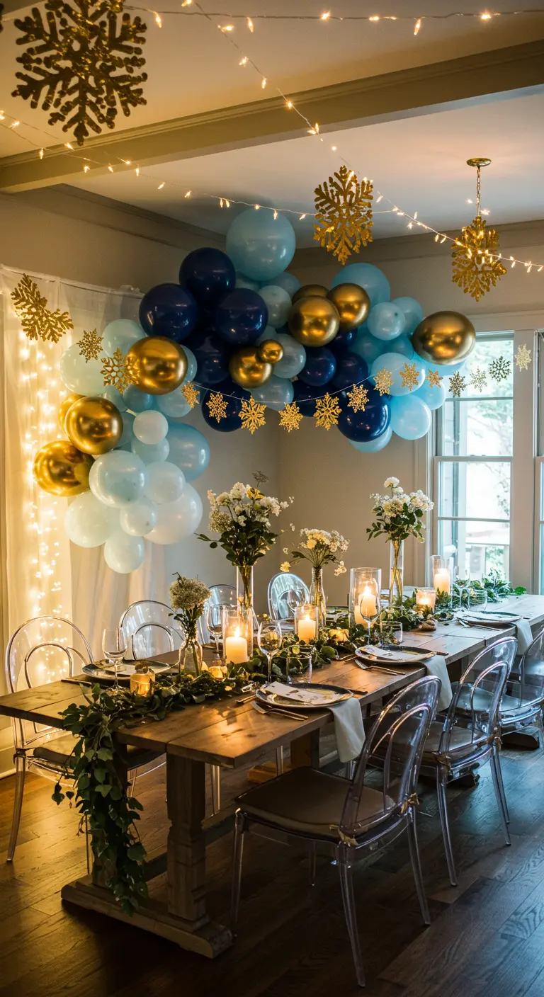 Dining table with a blue and gold balloon garland overhead and hanging gold snowflakes.