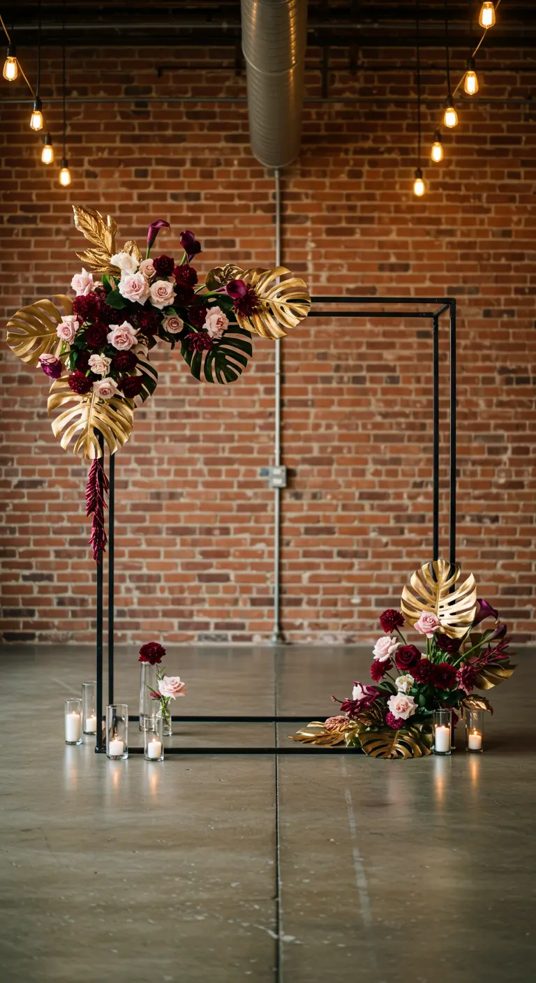 Square black metal arch against a brick wall with gold leaves and floral clusters.