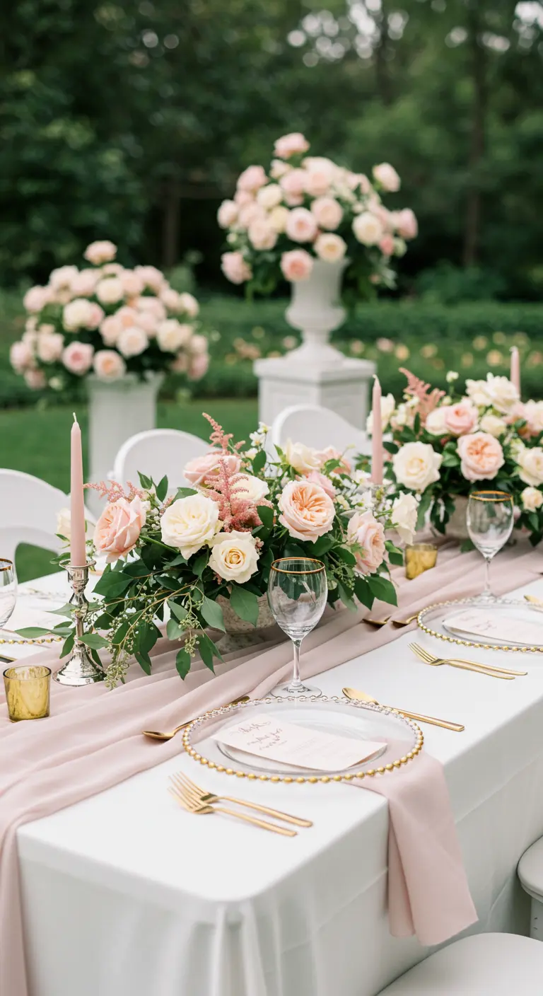Elegant table with blush runner, gold-rimmed plates, and pink and white rose centerpieces.