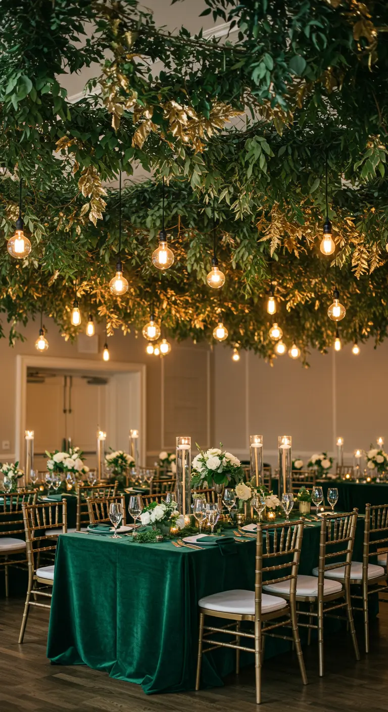 A ceiling of lush green and gold-painted leaves with hanging Edison bulbs over green velvet tables.