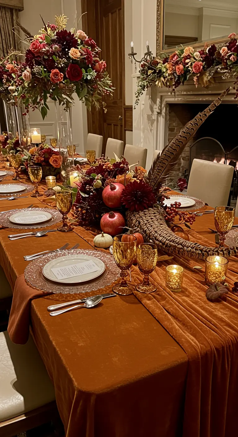 Autumnal table with an orange velvet runner, pomegranates, and pheasant feather details.
