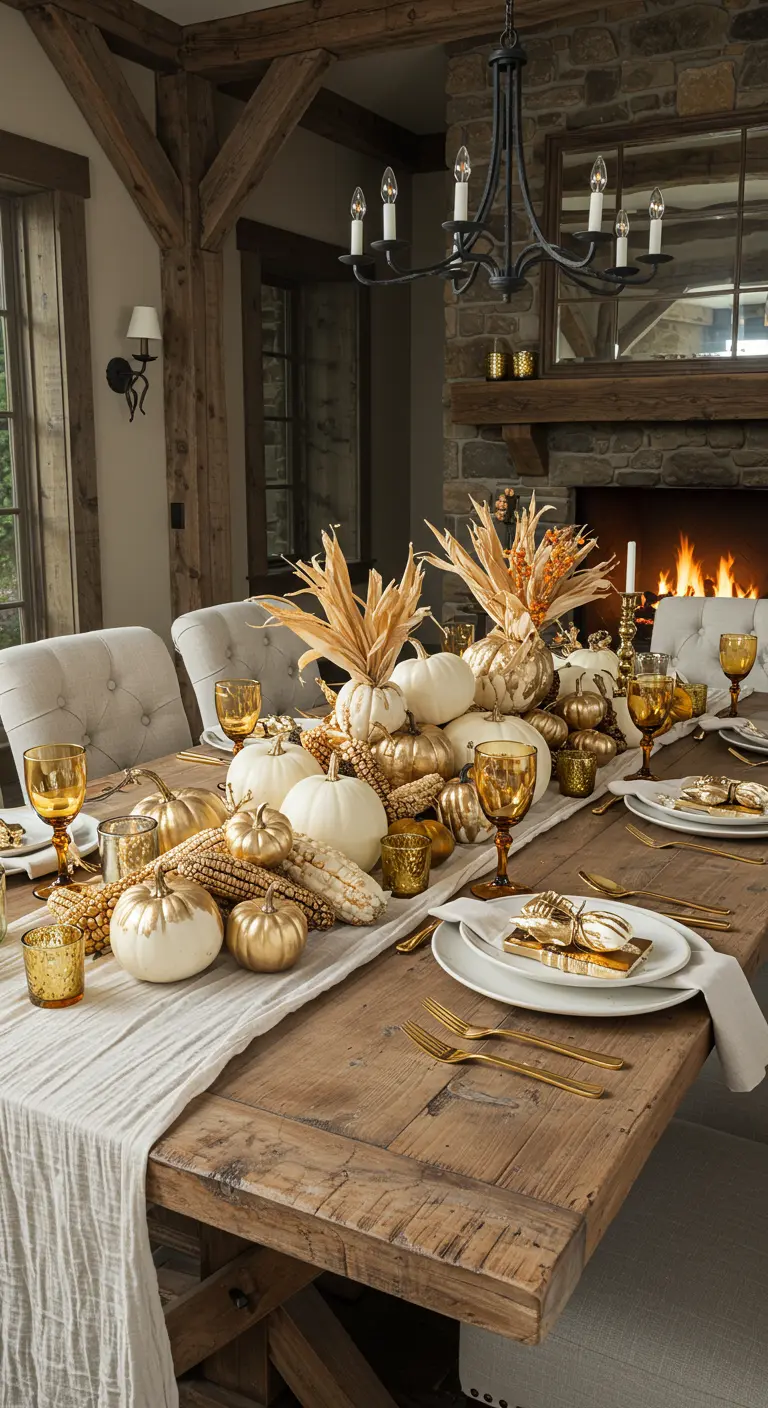 A rustic dining table decorated with white and gold pumpkins for autumn.