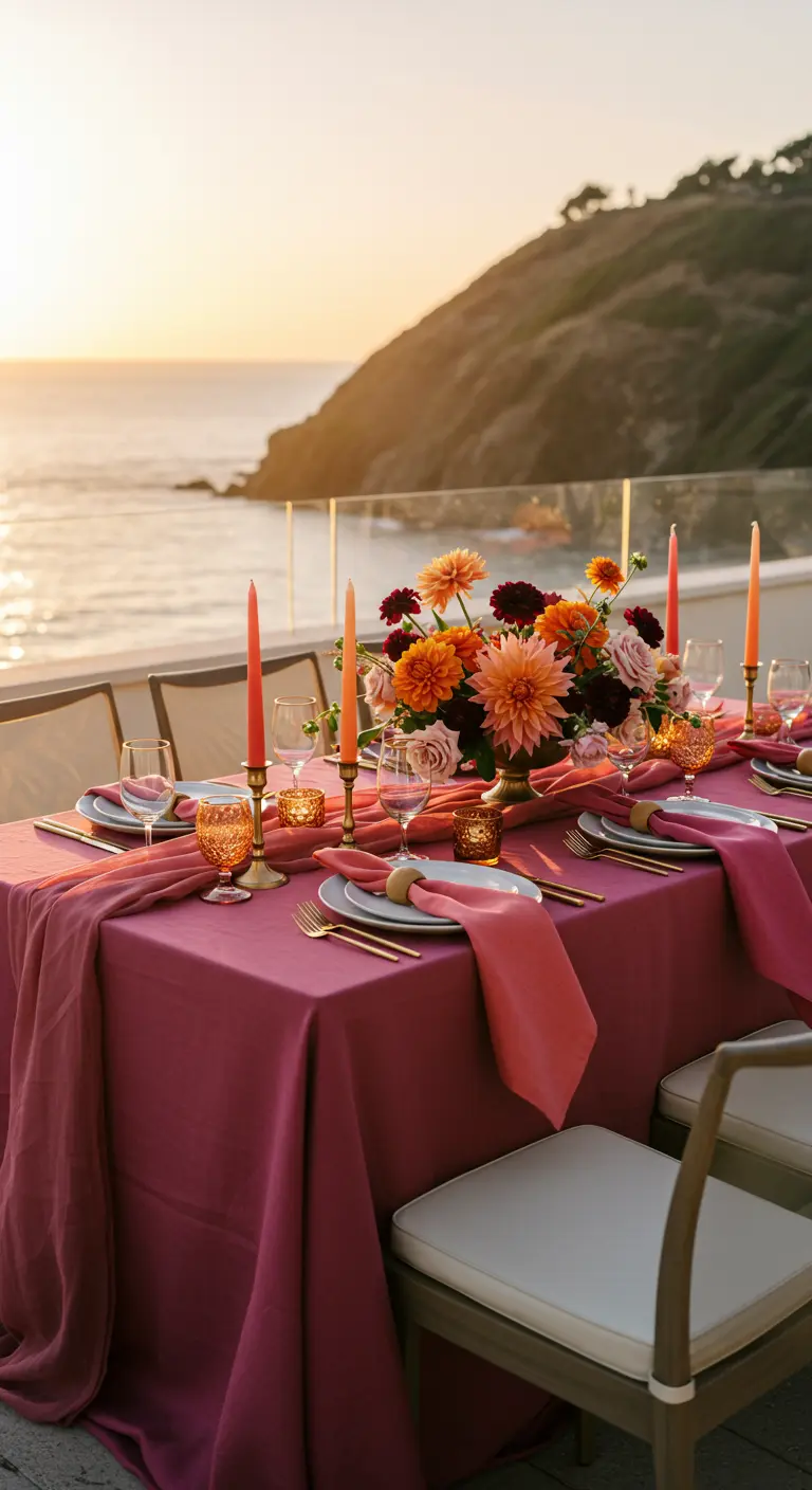 Sunset-themed dining table on a balcony overlooking the ocean.