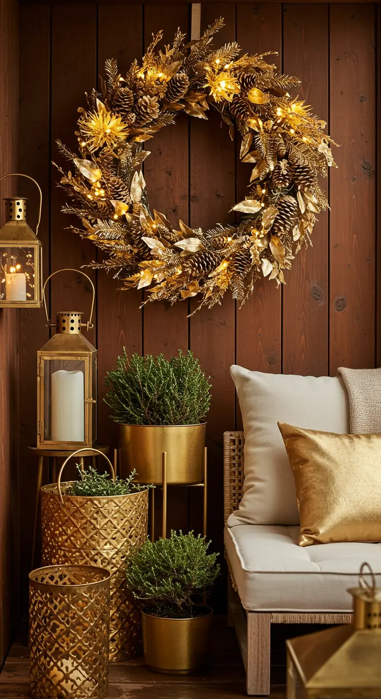 An elegant balcony corner with a large gold wreath, gold lanterns, and gold planters.