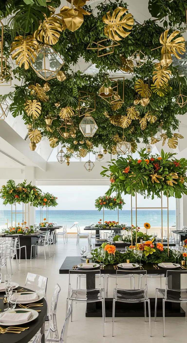 A ceiling covered in green leaves and hanging gold-painted monstera leaves and geometric lanterns.