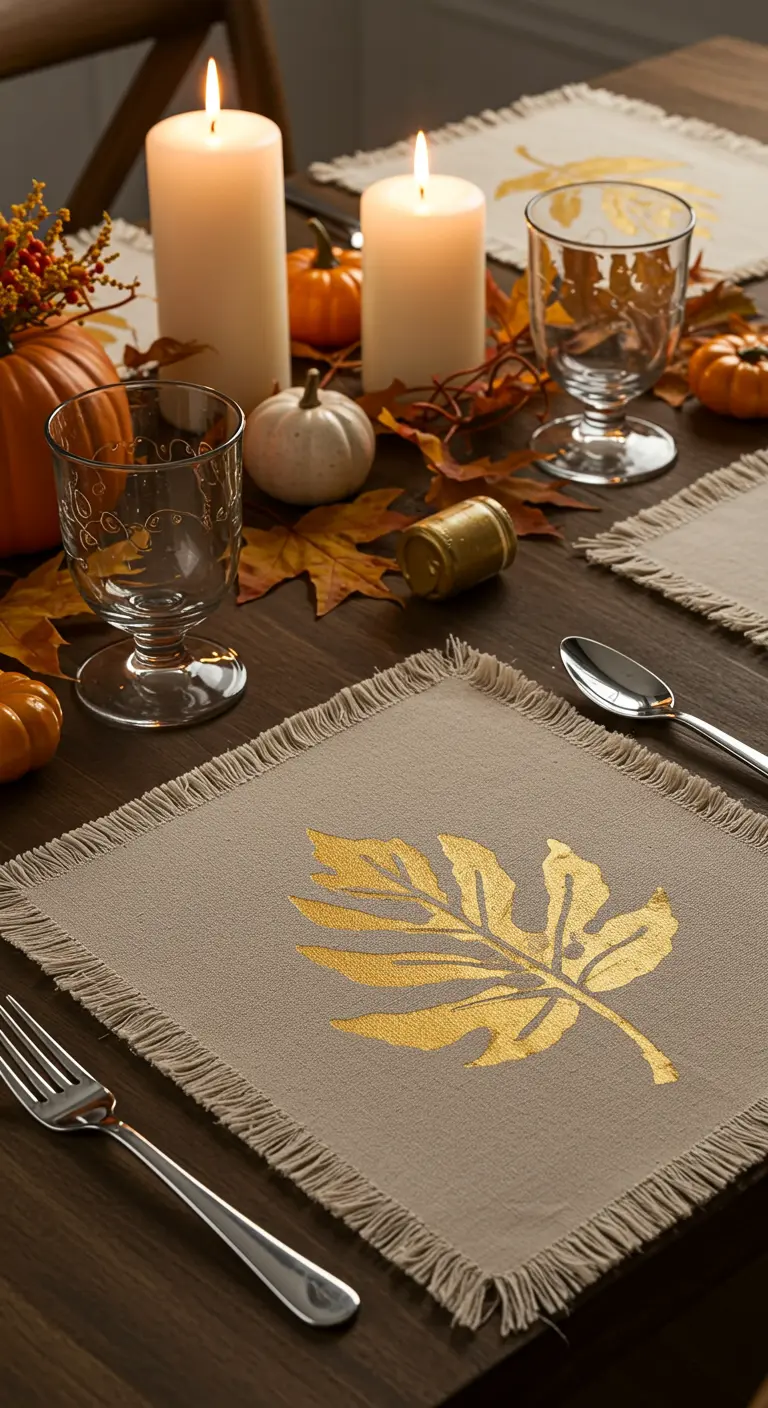 A burlap placemat with a gold leaf design on a rustic dinner table.