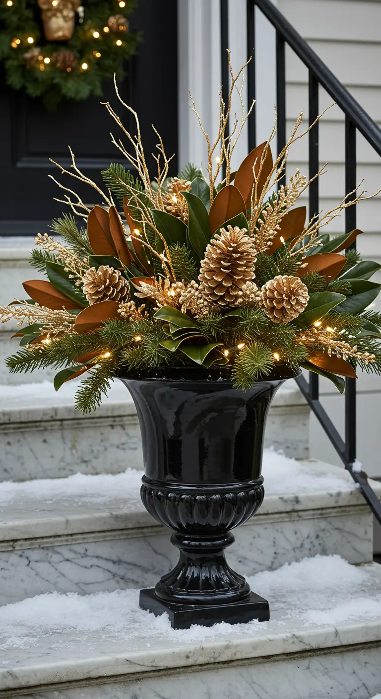 A black urn on snowy steps filled with pine, magnolia leaves, and gold branches.