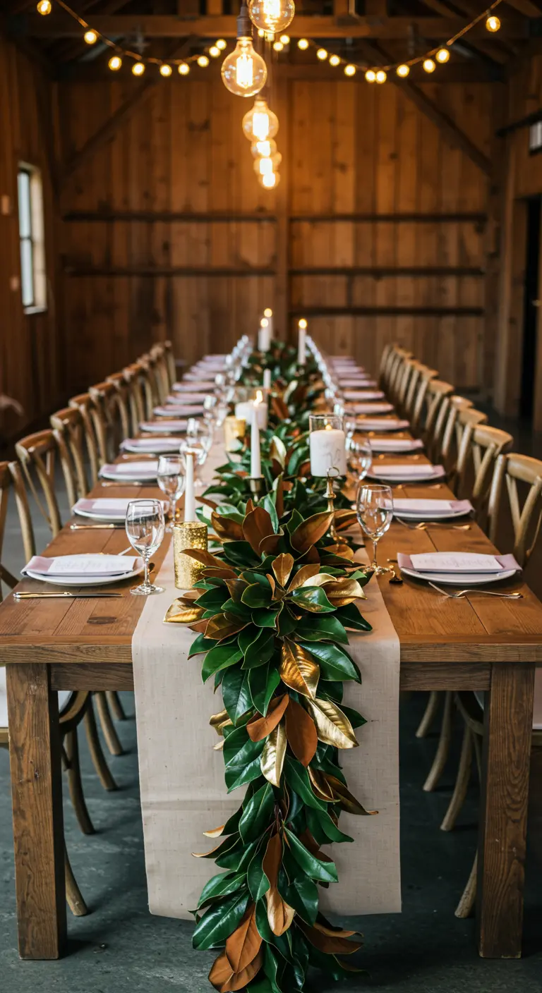 A long table runner made of fresh magnolia leaves, with some leaves painted gold.