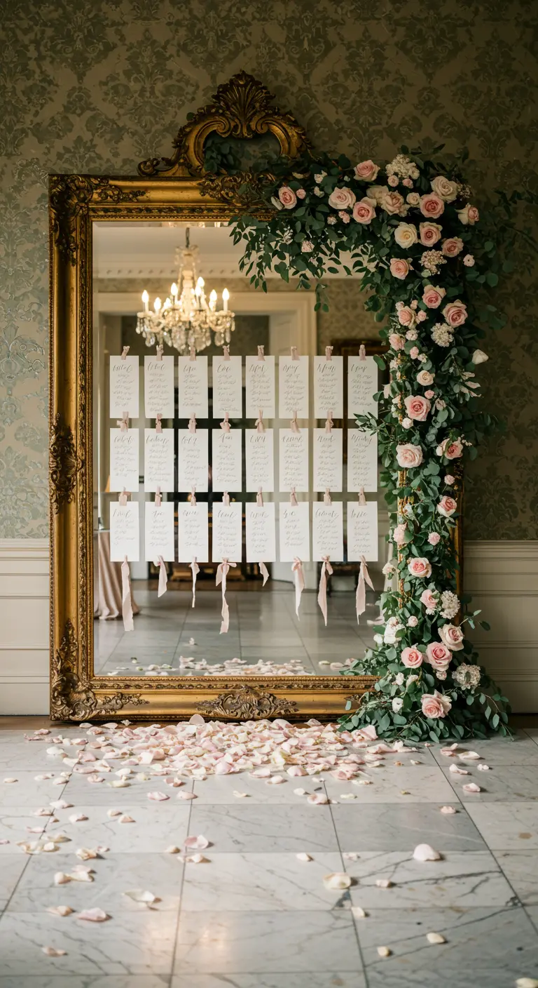 Ornate gold mirror with escort cards and a blush rose garland.