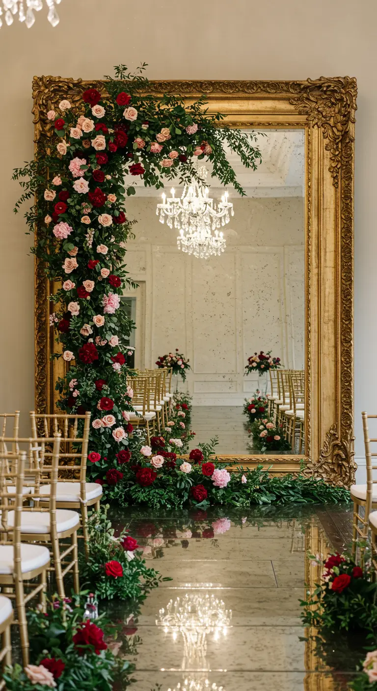 A large ornate gold mirror used as a wedding backdrop with a cascade of flowers.