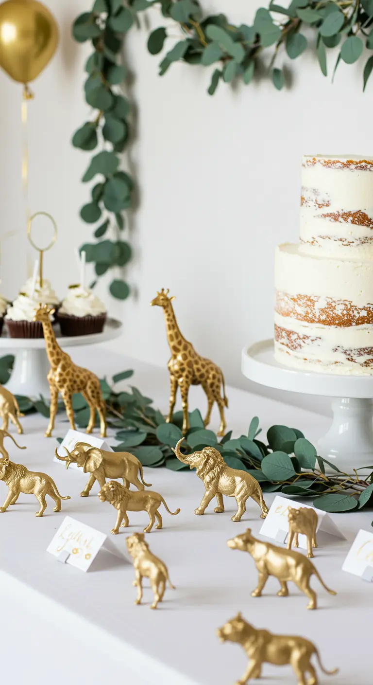 Gold-painted miniature animal figures used as décor on a white party table.