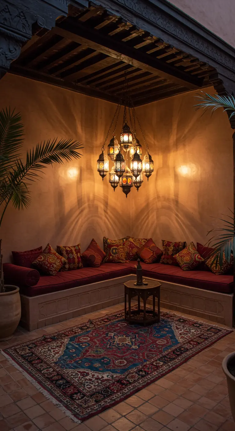 Cozy Moroccan-style corner with a large hanging lantern and red cushions on a built-in bench.