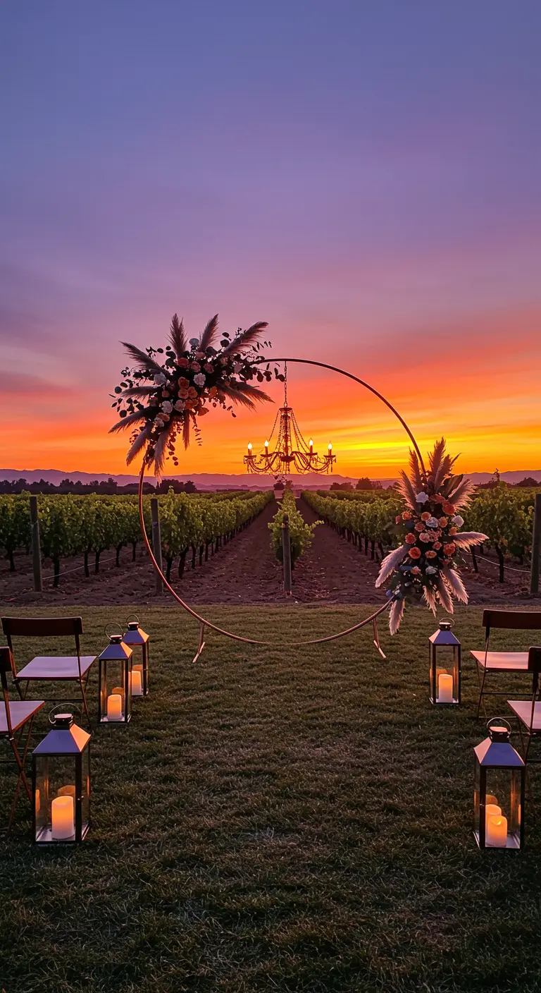 A gold hoop arch with floral clusters and a small chandelier framing a vineyard sunset.