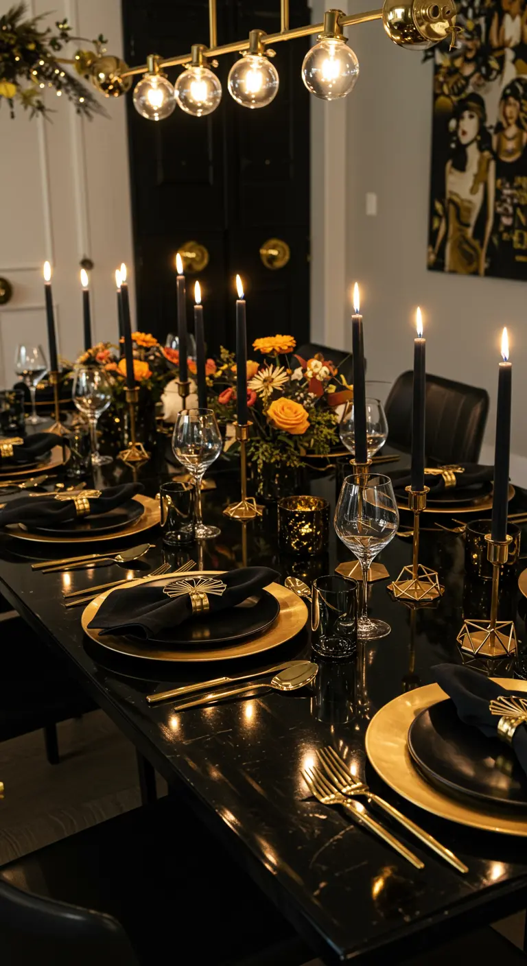 An elegant black and gold Art Deco dining table set with black candles and geometric accents.