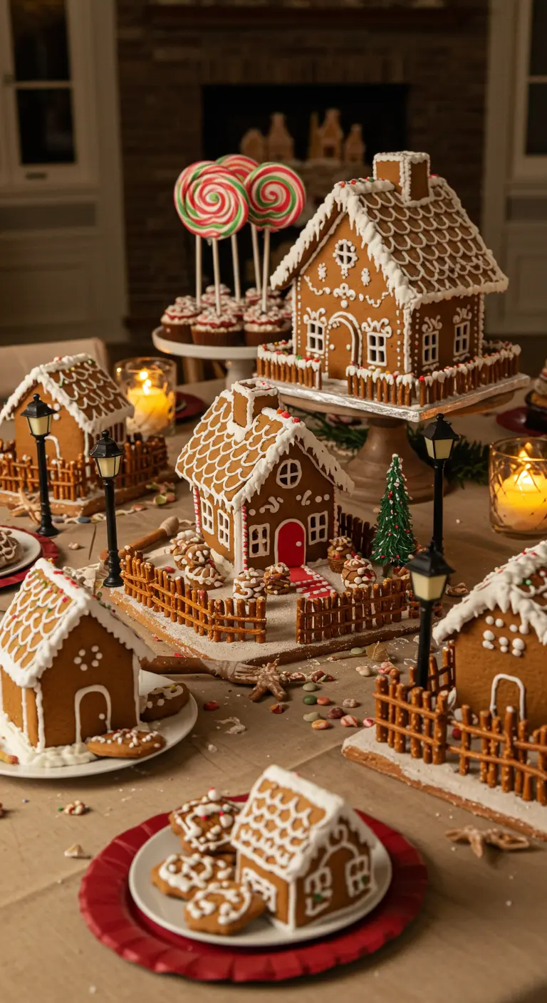 Cozy gingerbread house village as a dessert table centerpiece for the holidays.