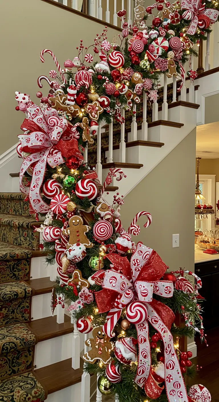 Staircase adorned with gingerbread men, peppermint swirls, and red and white ribbons.