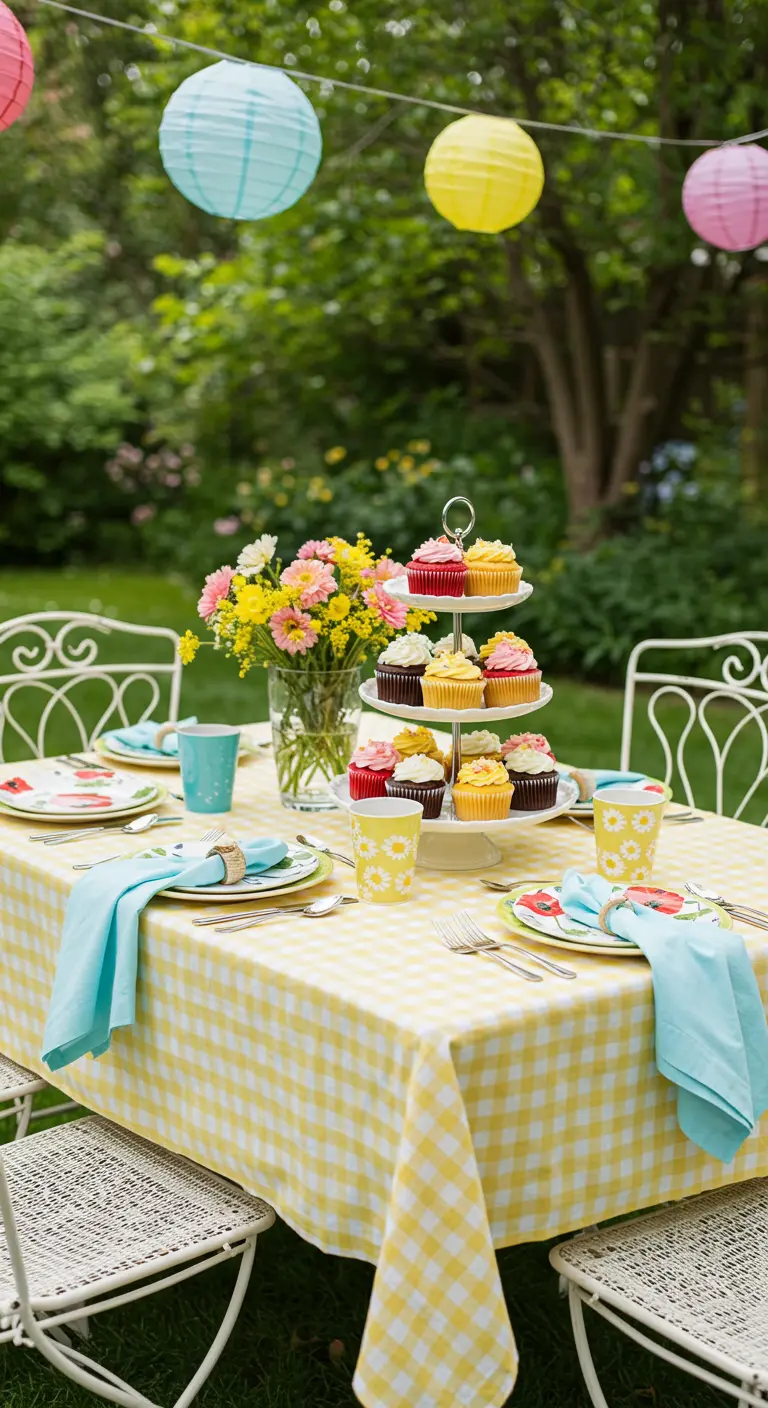 Garden table with yellow gingham cloth and colorful paper lanterns.