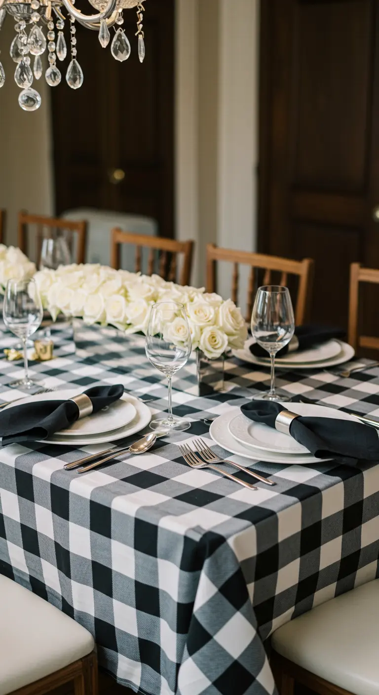 Elegant table with a black and white gingham tablecloth and white rose centerpiece.